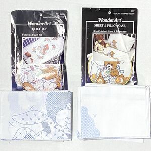 Vtg WonderArt Stamped QUILT TOP with SHEET and PILLOWCASE Bear and Bunny Rabbit